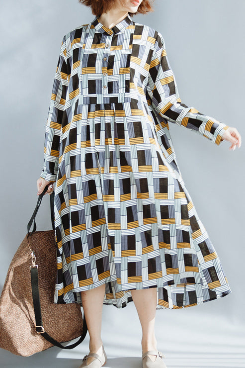 Natural Chocolate Cotton Clothes Fine Runway Stand Collar Extra Large Hem Summer Dresses