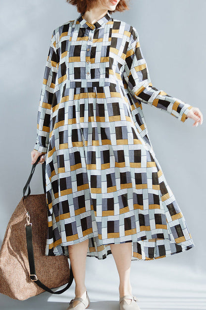 Natural Chocolate Cotton Clothes Fine Runway Stand Collar Extra Large Hem Summer Dresses