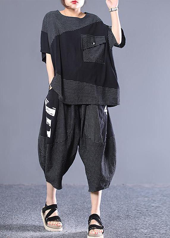 Natural Cotton Blouse Organic Striped Spliced Short Sleeve Blouse and Pants