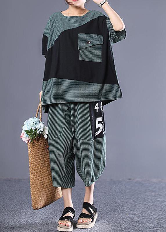 Natural Cotton Blouse Organic Striped Spliced Short Sleeve Blouse and Pants