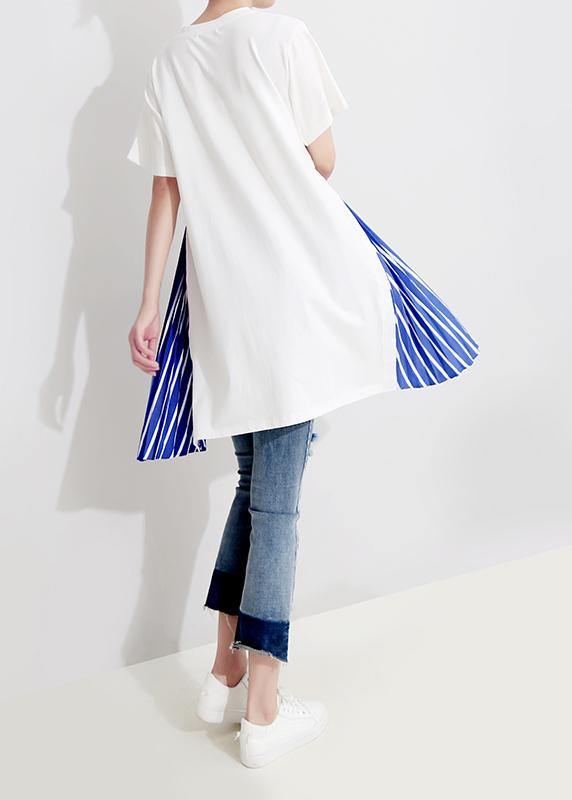 Natural Cotton Tunic Top Cotton Spliced Striped Short Sleeve Blouse