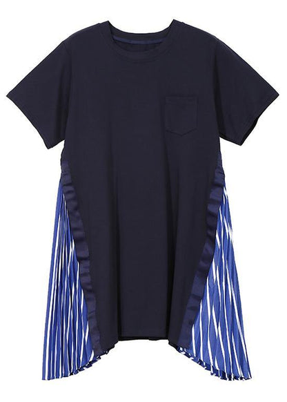 Natural Cotton Tunic Top Cotton Spliced Striped Short Sleeve Blouse