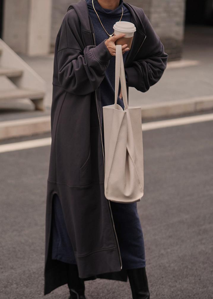 Natural Dark Gray Tunic Coat Hooded Side Open Coats