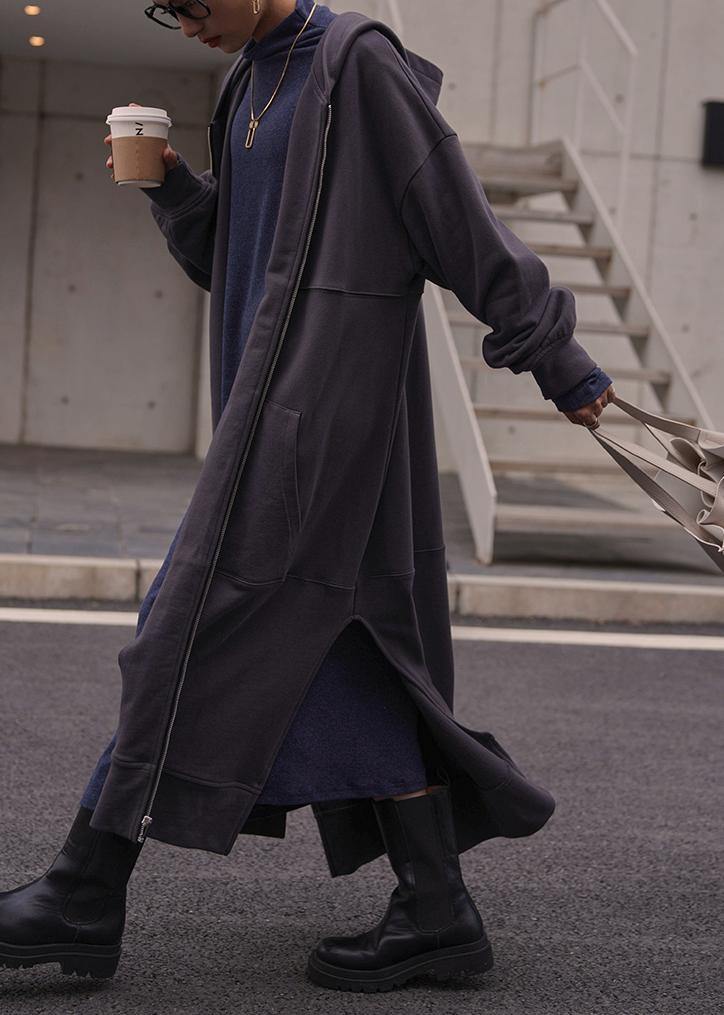 Natural Dark Gray Tunic Coat Hooded Side Open Coats