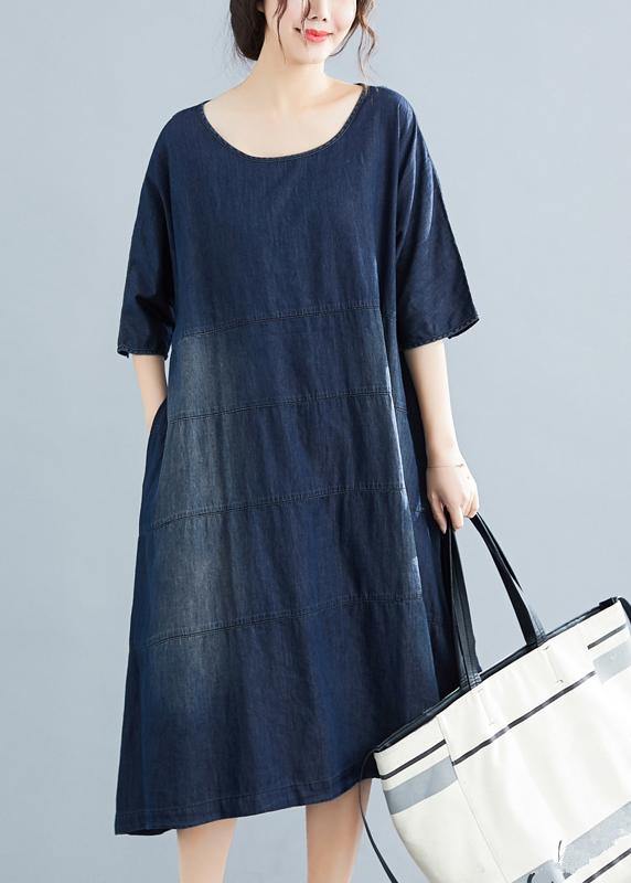 Natural Denim Blue Cotton Outfit 18th Century Catwalk O Neck Midi Summer Dresses