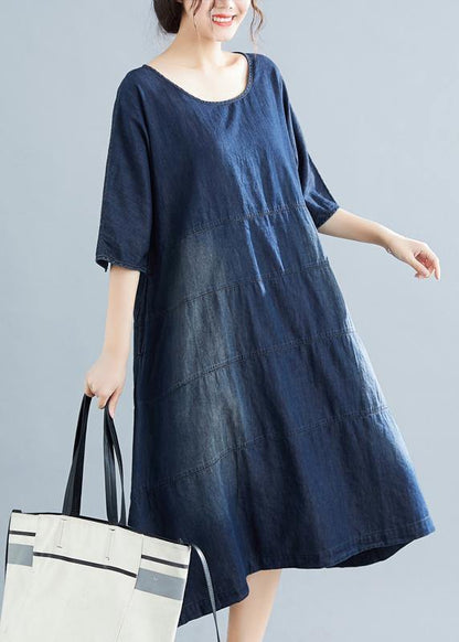 Natural Denim Blue Cotton Outfit 18th Century Catwalk O Neck Midi Summer Dresses