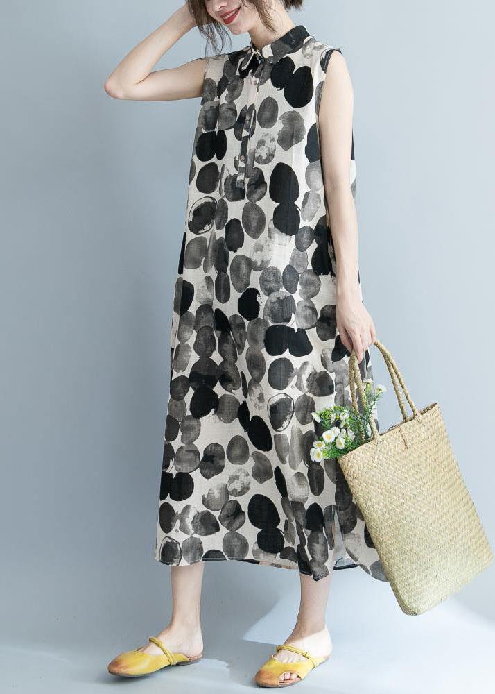 Natural Dotted Prints Chiffon Clothes Lapel Collar Sleeveless Loose Summer Dresses