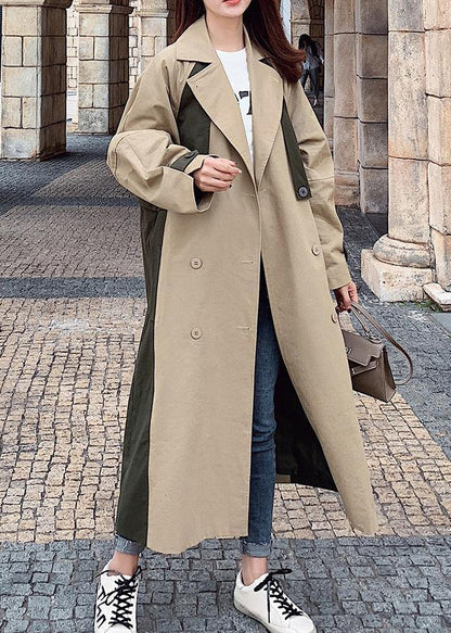 Natural Double Breast Fine Patchwork Long Coats Khaki Oversized Coats