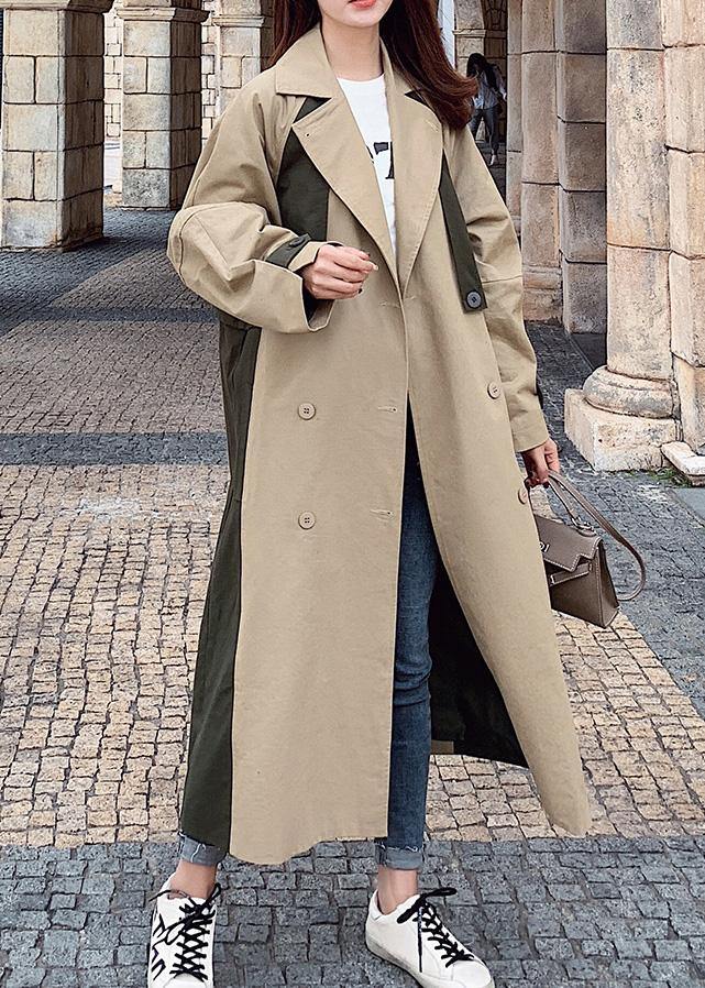 Natural Double Breast Fine Patchwork Long Coats Khaki Oversized Coats