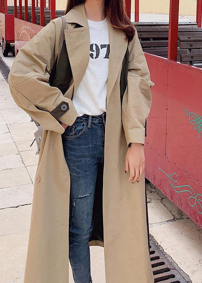 Natural Double Breast Fine Patchwork Long Coats Khaki Oversized Coats