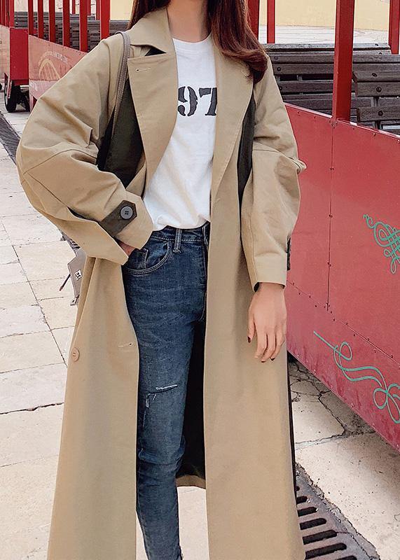 Natural Double Breast Fine Patchwork Long Coats Khaki Oversized Coats