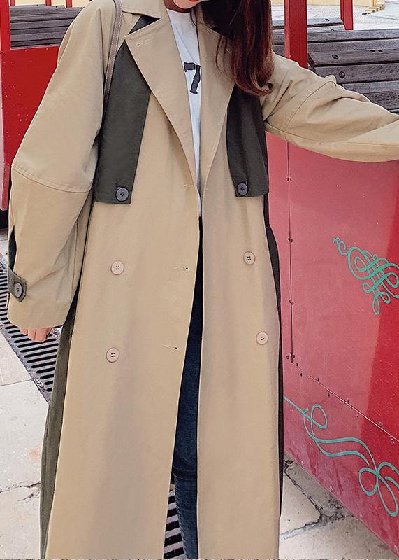 Natural Double Breast Fine Patchwork Long Coats Khaki Oversized Coats