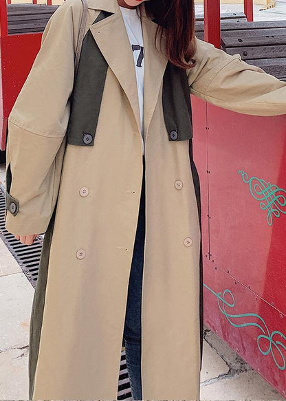 Natural Double Breast Fine Patchwork Long Coats Khaki Oversized Coats