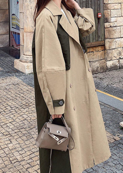 Natural Double Breast Fine Patchwork Long Coats Khaki Oversized Coats