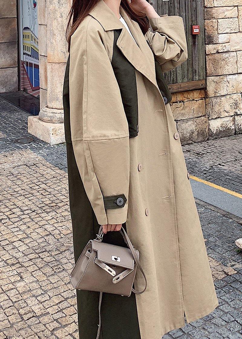 Natural Double Breast Fine Patchwork Long Coats Khaki Oversized Coats