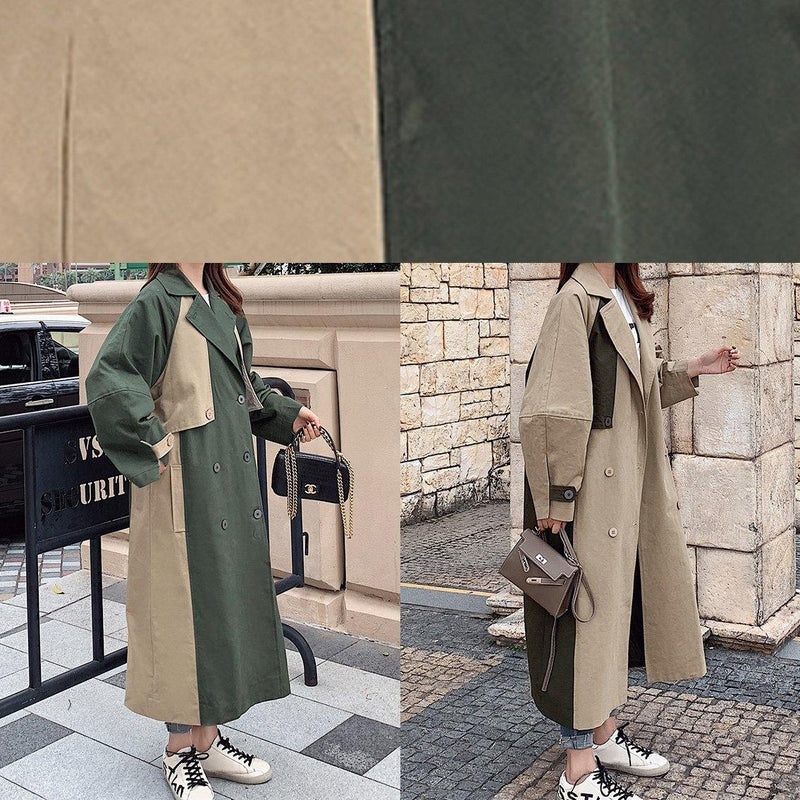 Natural Double Breast Fine Patchwork Long Coats Khaki Oversized Coats