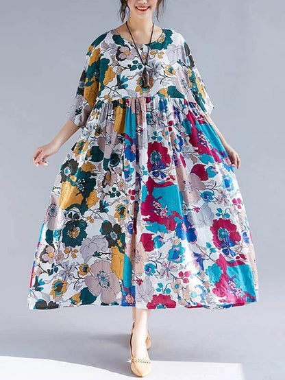Natural Cotton Clothes O Neck Cinched Maxi Dress