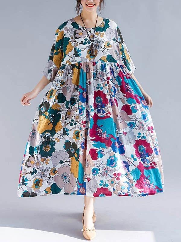 Natural Cotton Clothes O Neck Cinched Maxi Dress