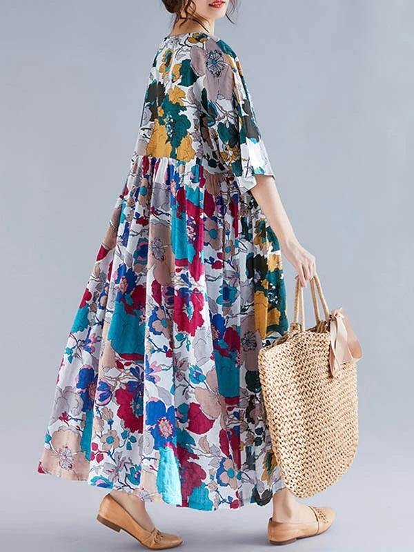 Natural Cotton Clothes O Neck Cinched Maxi Dress