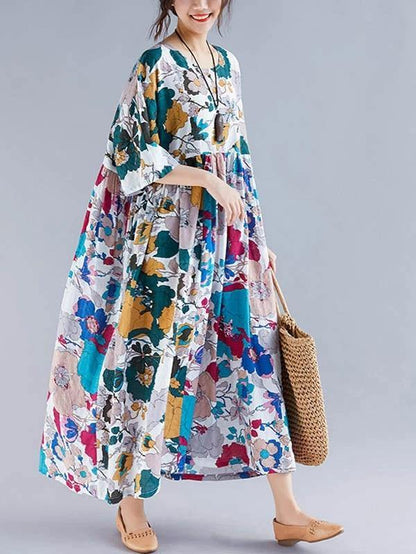 Natural Cotton Clothes O Neck Cinched Maxi Dress