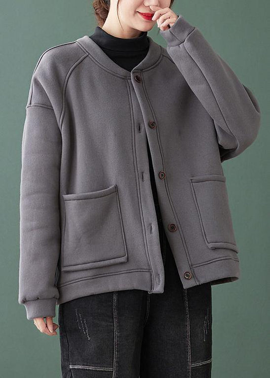 Natural Gray Fine Coat for Woman Gifts O Neck Button Down Coats