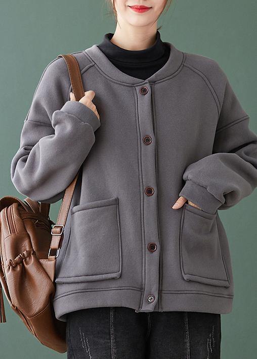 Natural Gray Fine Coat for Woman Gifts O Neck Button Down Coats