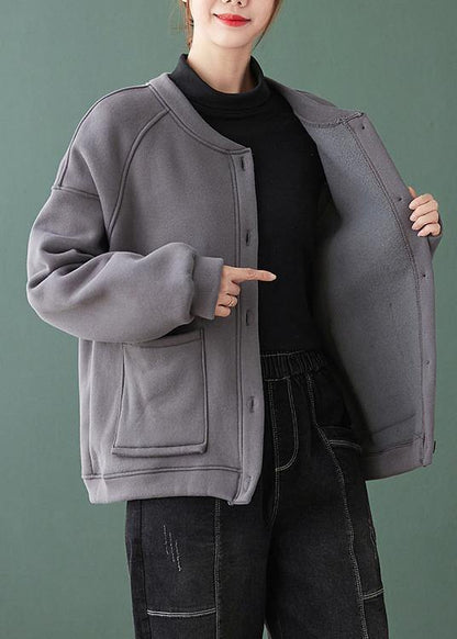 Natural Gray Fine Coat for Woman Gifts O Neck Button Down Coats