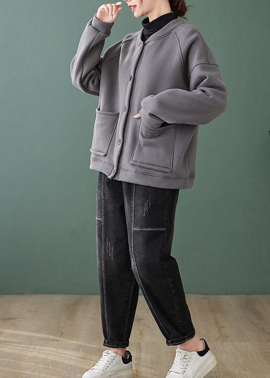Natural Gray Fine Coat for Woman Gifts O Neck Button Down Coats