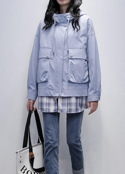 Natural Gray Blue Patchwork Plaid Fine Trench Coat Shirts Hooded Pockets Outwears