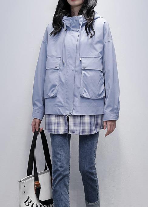 Natural Gray Blue Patchwork Plaid Fine Trench Coat Shirts Hooded Pockets Outwears