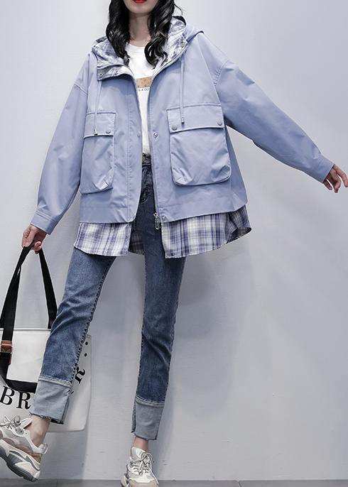 Natural Gray Blue Patchwork Plaid Fine Trench Coat Shirts Hooded Pockets Outwears