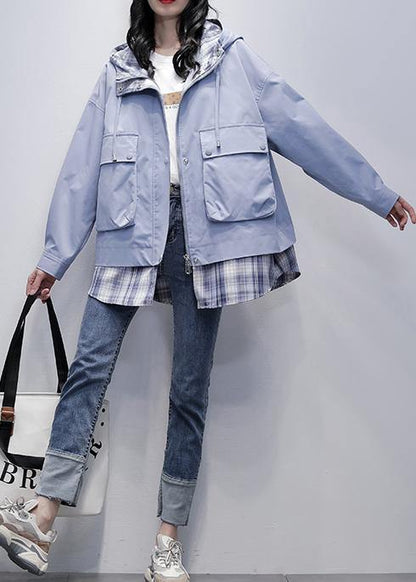 Natural Gray Blue Patchwork Plaid Fine Trench Coat Shirts Hooded Pockets Outwears