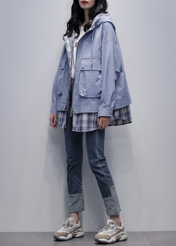 Natural Gray Blue Patchwork Plaid Fine Trench Coat Shirts Hooded Pockets Outwears
