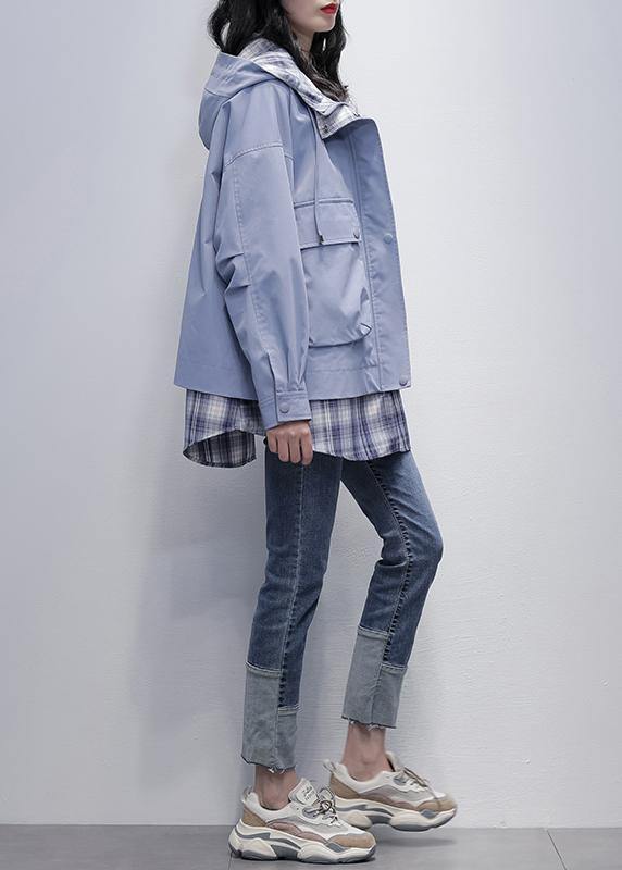 Natural Gray Blue Patchwork Plaid Fine Trench Coat Shirts Hooded Pockets Outwears