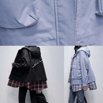 Natural Gray Blue Patchwork Plaid Fine Trench Coat Shirts Hooded Pockets Outwears
