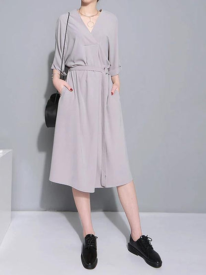 Natural Gray Cotton Quilting Clothes V Neck Tie Waist Loose Dresses