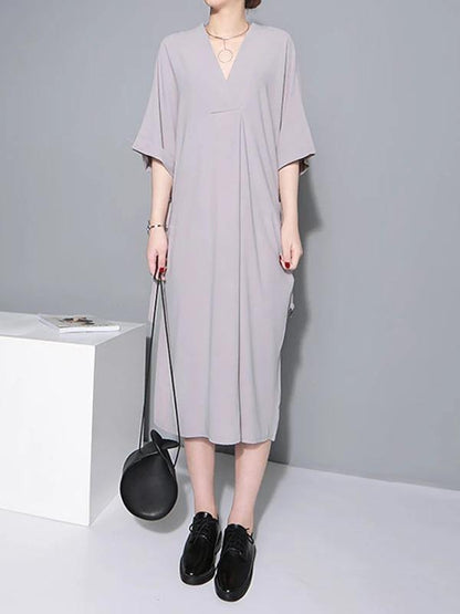 Natural Gray Cotton Quilting Clothes V Neck Tie Waist Loose Dresses