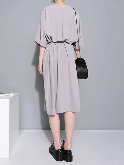 Natural Gray Cotton Quilting Clothes V Neck Tie Waist Loose Dresses