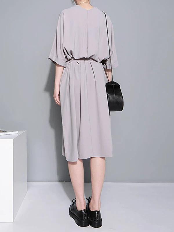 Natural Gray Cotton Quilting Clothes V Neck Tie Waist Loose Dresses