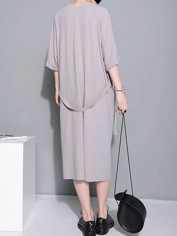 Natural Gray Cotton Quilting Clothes V Neck Tie Waist Loose Dresses
