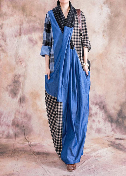 Natural Gray Plaid Linen Cotton Dress V Neck Cinched Long Fall Dress