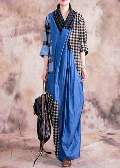 Natural Gray Plaid Linen Cotton Dress V Neck Cinched Long Fall Dress
