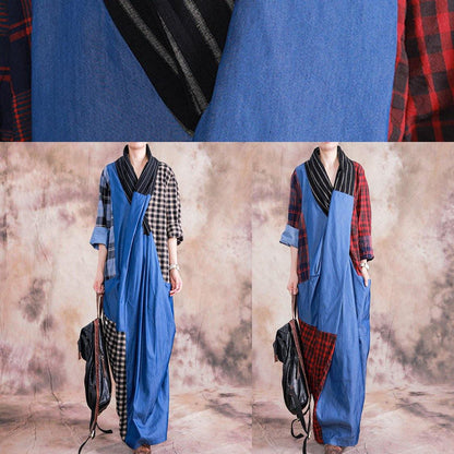 Natural Gray Plaid Linen Cotton Dress V Neck Cinched Long Fall Dress