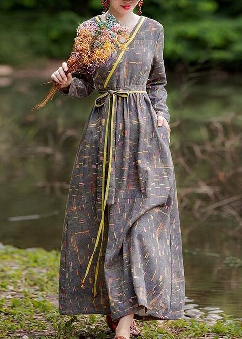 Natural Gray Print Dress V Neck Pockets Spring Dress