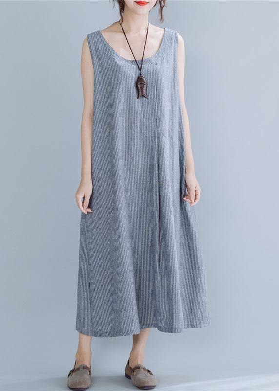 Natural Gray Striped Linen Cotton Quilting Clothes O Neck Sleeveless Maxi Summer Dress