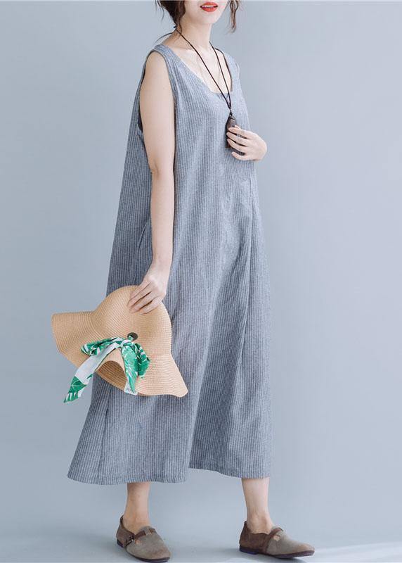 Natural Gray Striped Linen Cotton Quilting Clothes O Neck Sleeveless Maxi Summer Dress