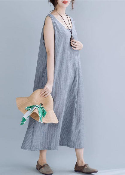 Natural Gray Striped Linen Cotton Quilting Clothes O Neck Sleeveless Maxi Summer Dress