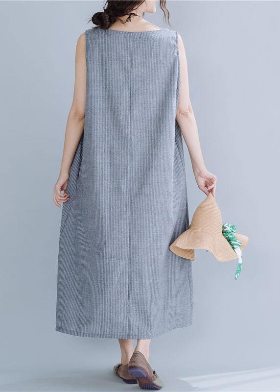 Natural Gray Striped Linen Cotton Quilting Clothes O Neck Sleeveless Maxi Summer Dress