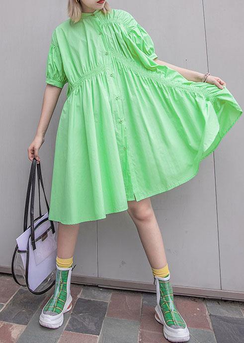 Natural Green Cotton Quilting Clothes Cinched Midi Summer Shirt Dresses