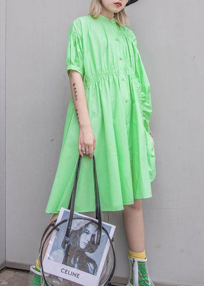 Natural Green Cotton Quilting Clothes Cinched Midi Summer Shirt Dresses
